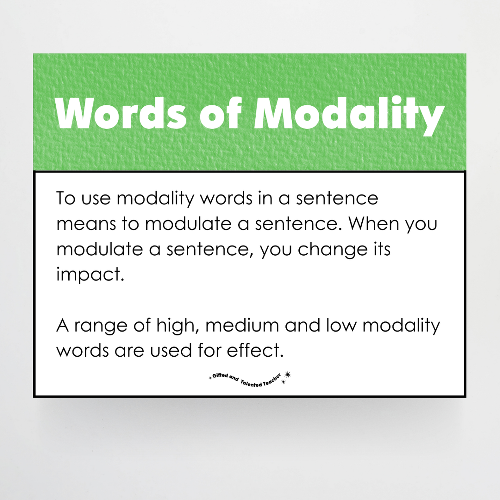 Words of Modality: High, Medium & Low Wall Display: Teacher Resources