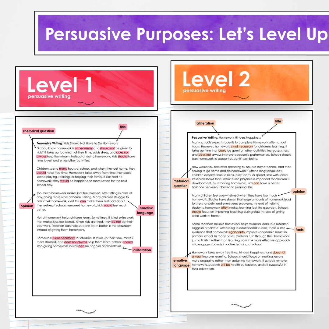 Year 3 and Year 4 - Persuasive Text: Level Up, Bump it Up, WAGOLL Wall Display and Activity