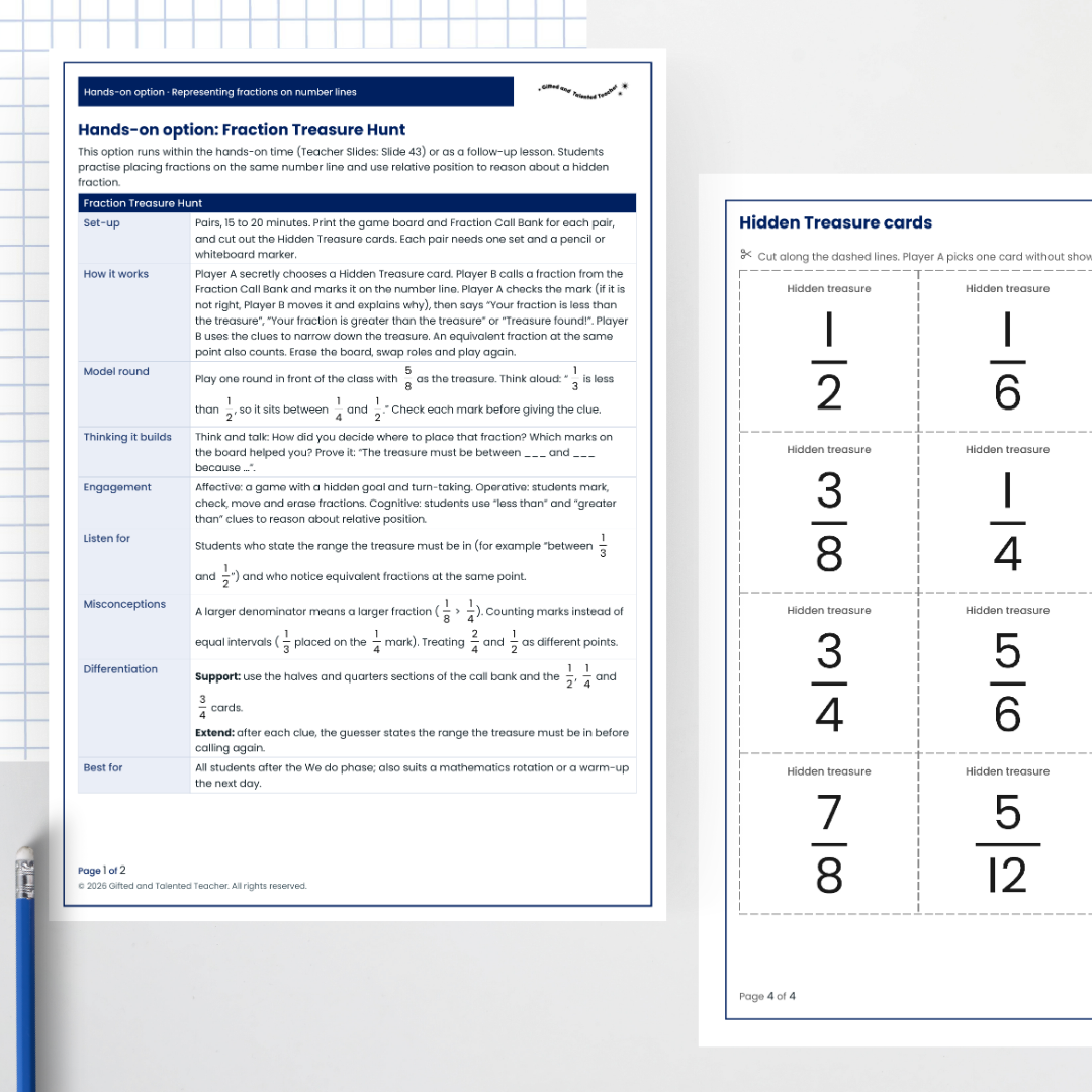 Fraction Treasure Hunt: teacher page and treasure cards