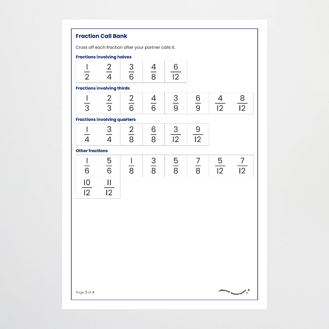 Fraction Treasure Hunt: fraction call bank