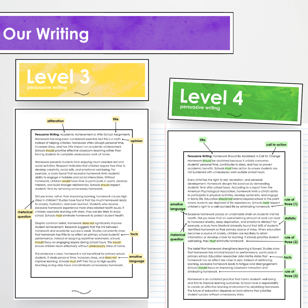 Year 3 and Year 4 - Persuasive Text: Level Up, Bump it Up, WAGOLL Wall Display and Activity