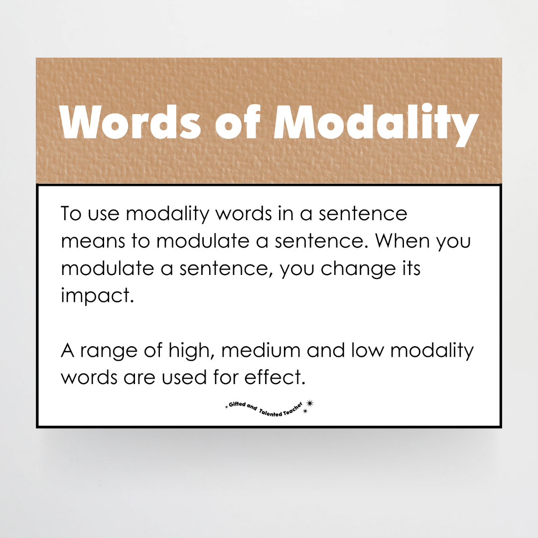 Words of Modality: High, Medium and Low Wall Display - Woodland Classroom Decor - Teacher Resources & Classroom Decor