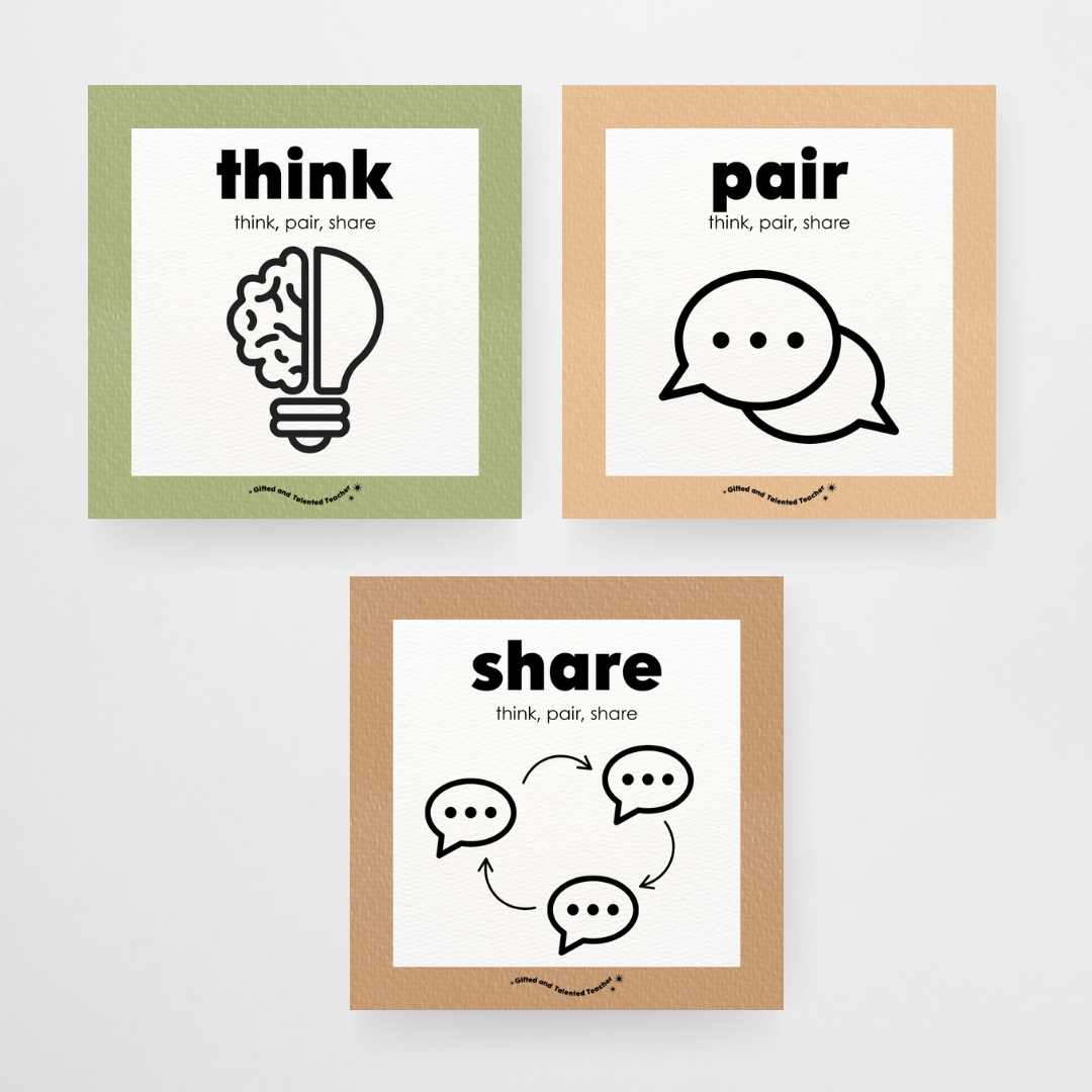 Think, Pair, Share Wall Display and Digital Square Icons - Woodland Classroom Decor