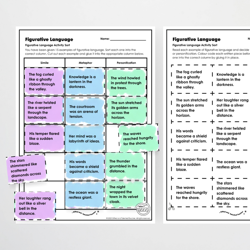 Figurative Language Sorting Cards: Similes, Metaphors, Personification