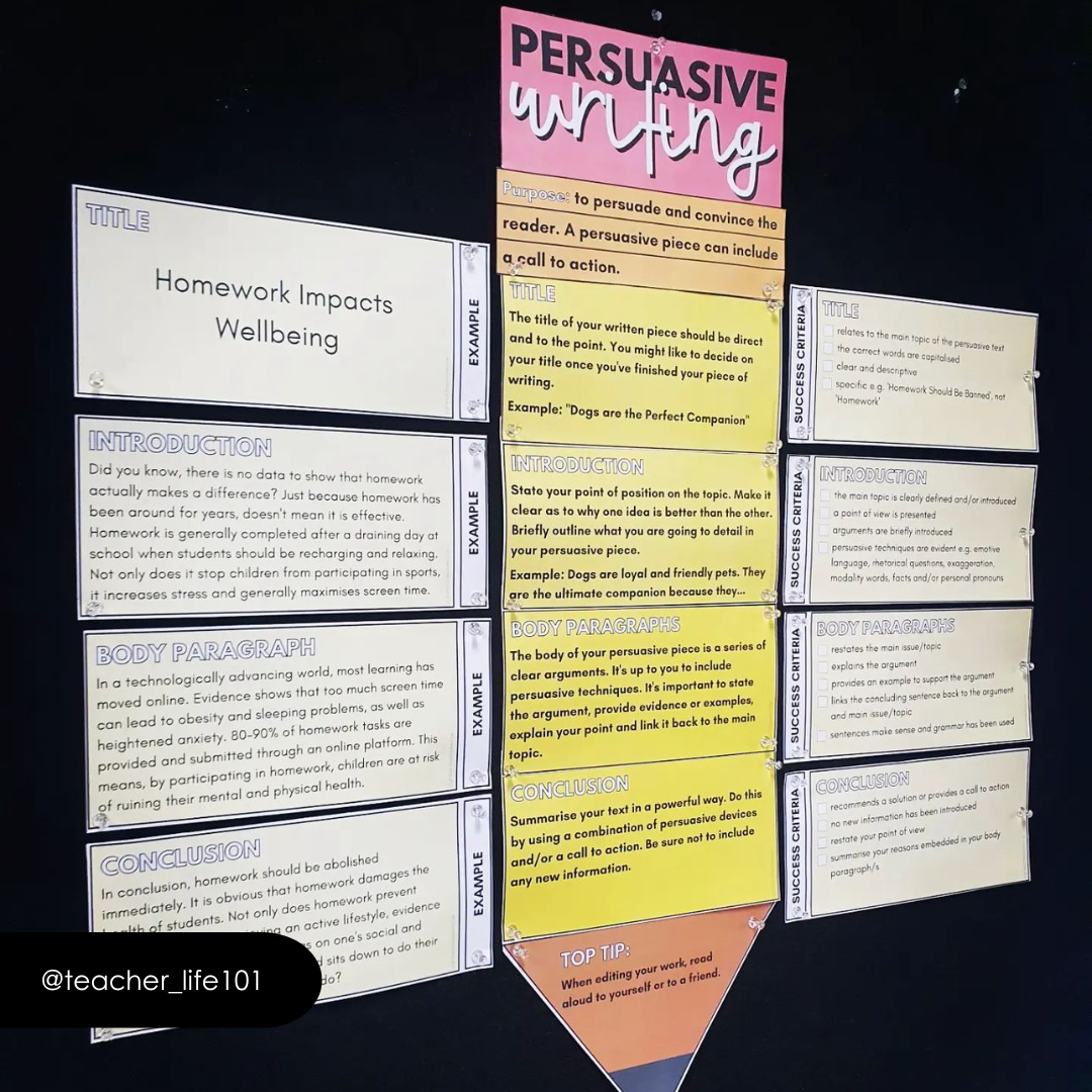 Persuasive Writing Pencil: Examples, Wall Display and Assessment Criteria [Editable]