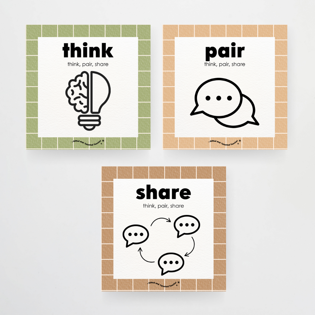 Think, Pair, Share Wall Display and Digital Square Icons - Woodland Classroom Decor