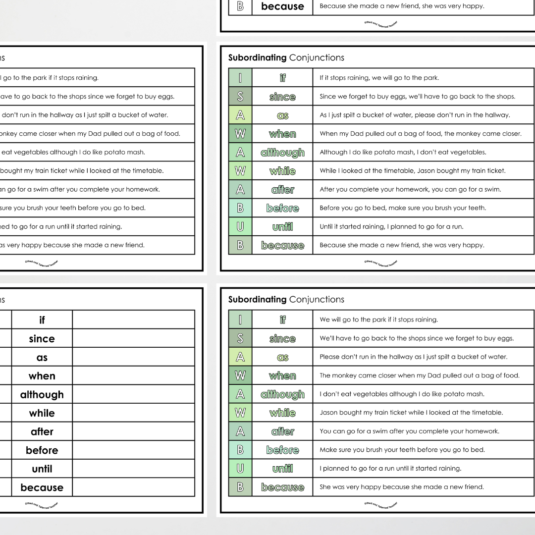 Subordinating Conjunctions: ISAWAWABUB Poster, Bookmark and Activity - Sentence Structure: Leafy Green