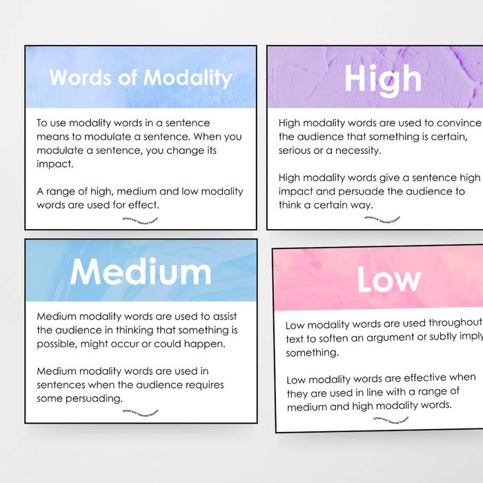 Words of Modality: High, Medium & Low Wall Display: Teacher Resources