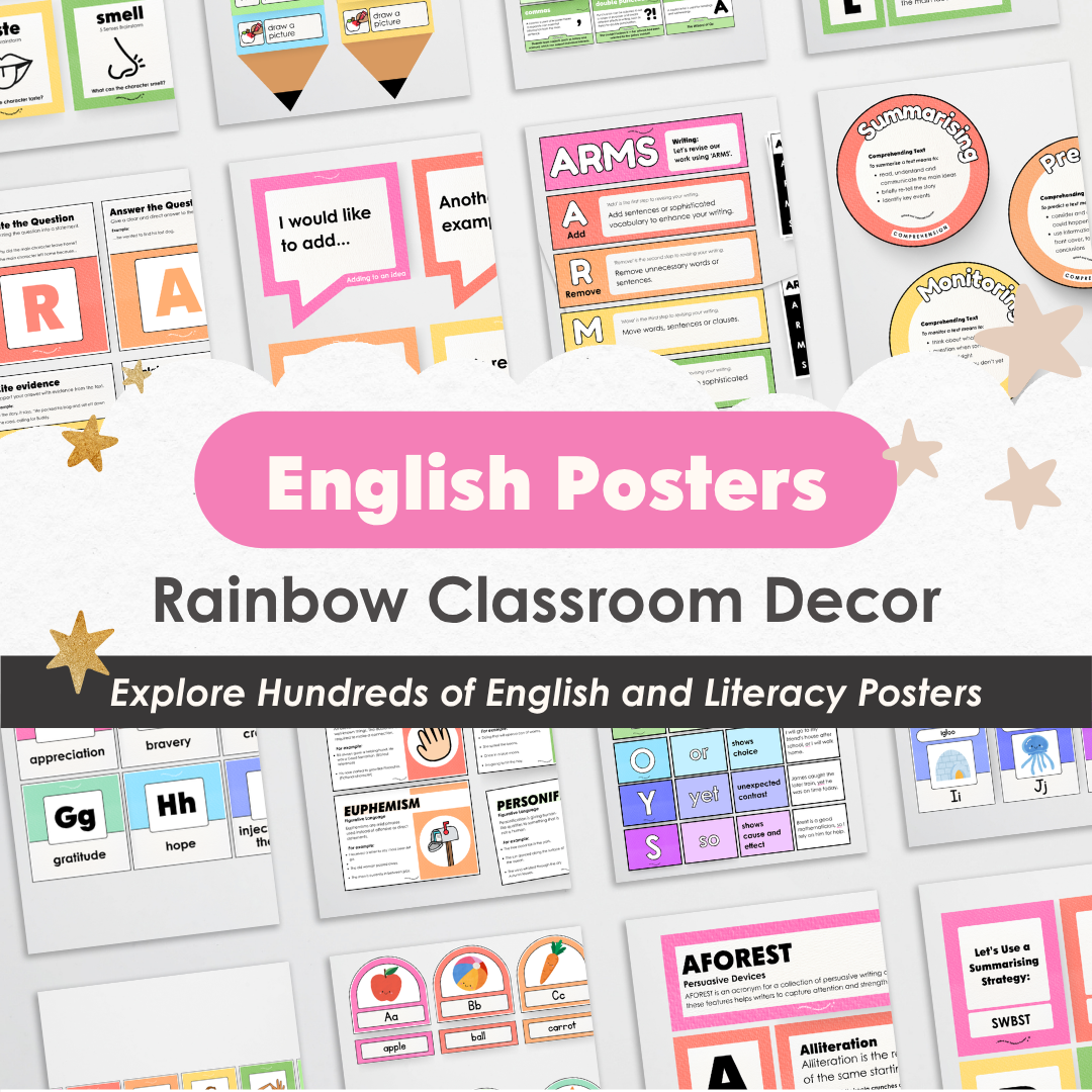 English and Literacy Posters Bundle - Rainbow Classroom Decor