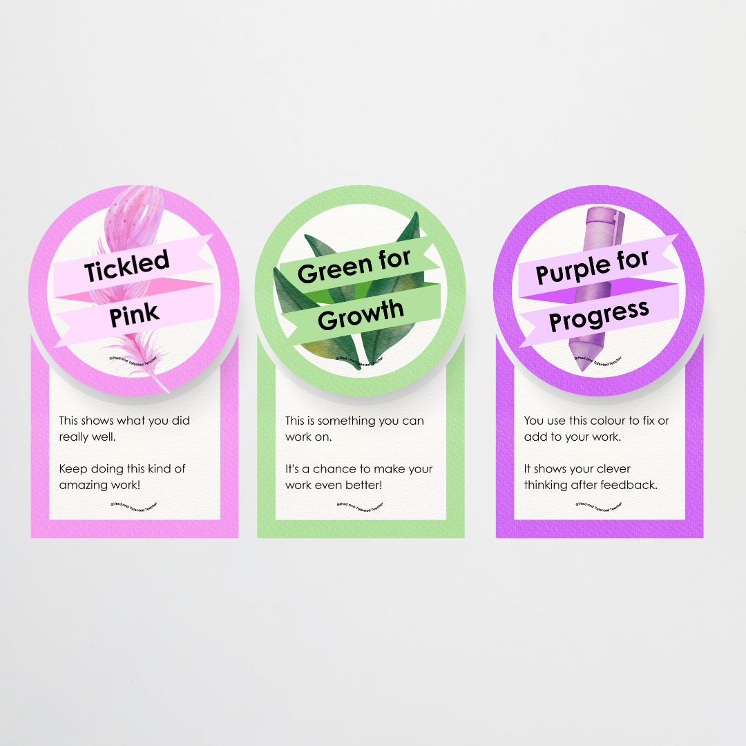Tickled Pink, Green for Growth, Purple for Progress - Student Feedback Marking System Posters - Teacher Resources & Classroom Decor