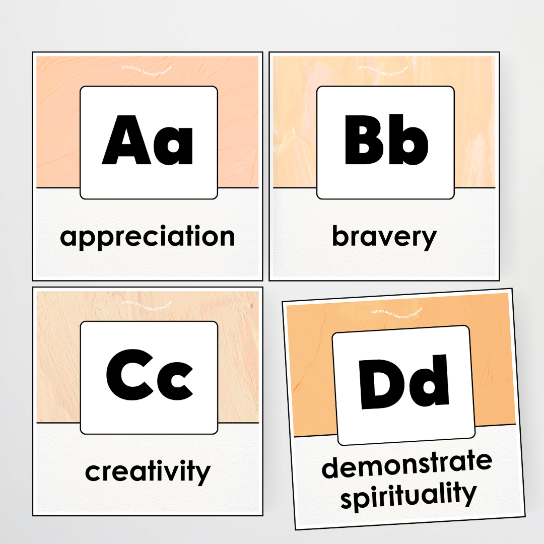 A-Z Character Strengths - Neutral Classroom Decor
