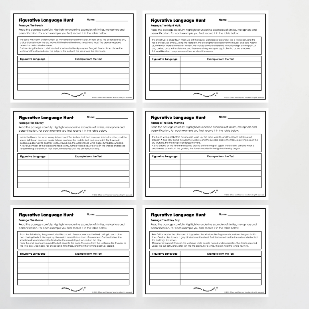 Figurative Language Passage Hunt: Similes, Metaphors and Personification - Teacher Resources & Classroom Decor