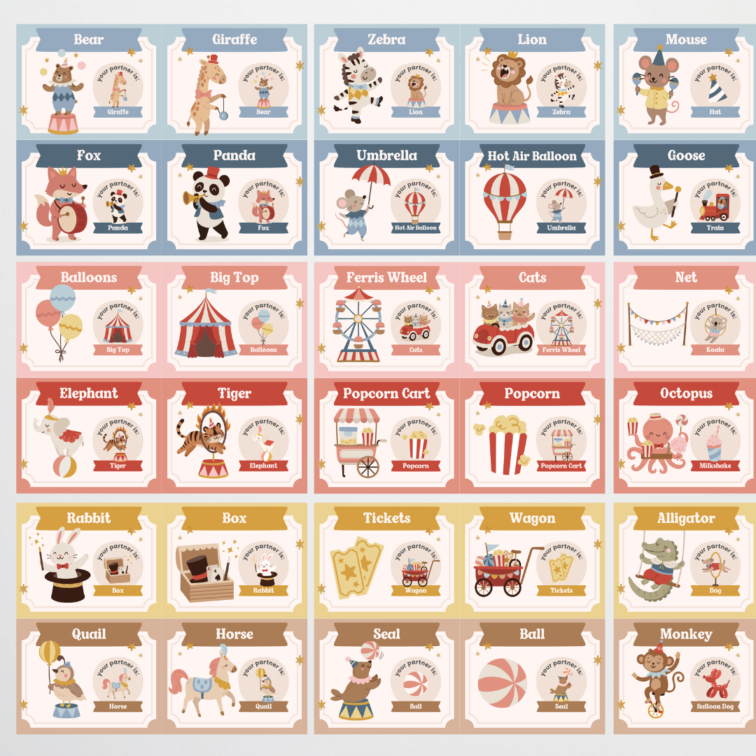 Partner Match Cards - Little Circus Classroom Decor