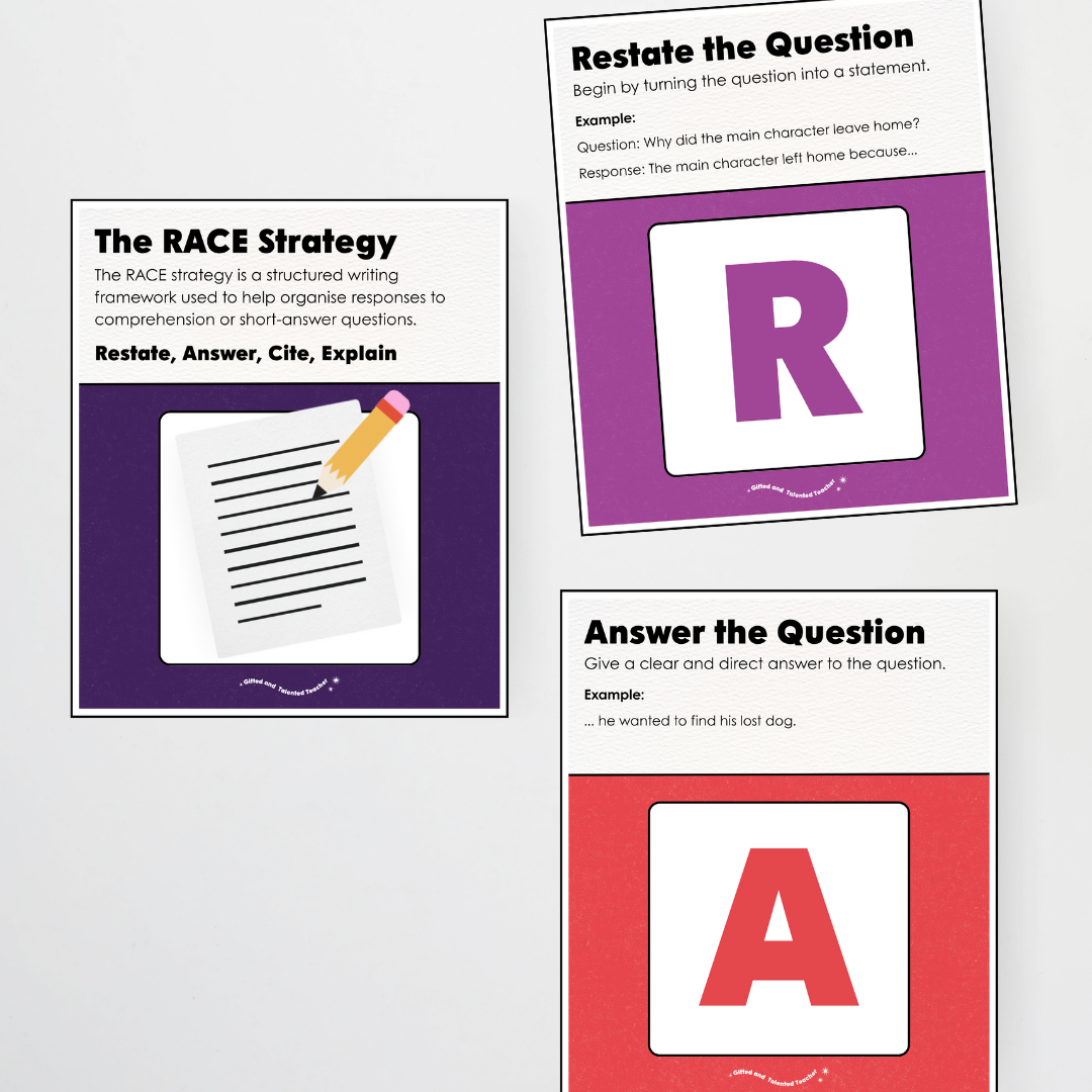 RACE Writing Strategy Poster Set - Watch this Space Classroom Decor