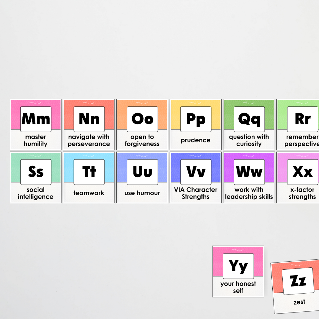 A-Z Character Strengths Posters - Rainbow Classroom Decor