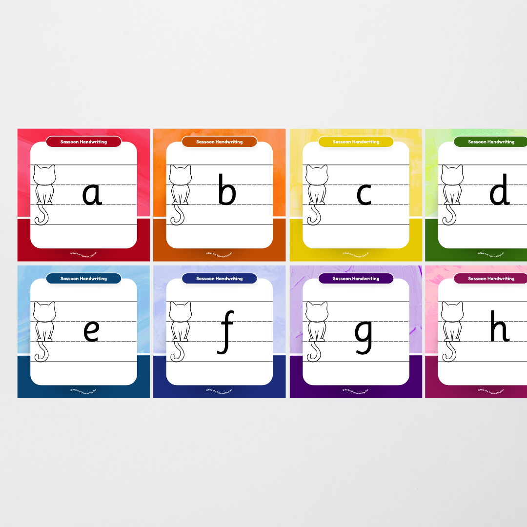 Sassoon Font: Cat Dotted Thirds Lined Handwriting Posters - Rainbow - Teacher Resources & Classroom Decor