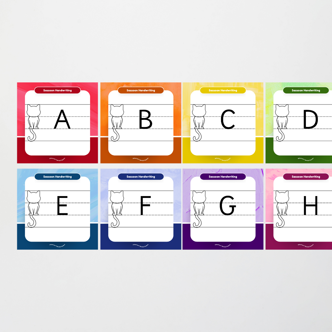 Sassoon Font: Cat Dotted Thirds Lined Handwriting Posters - Rainbow - Teacher Resources & Classroom Decor