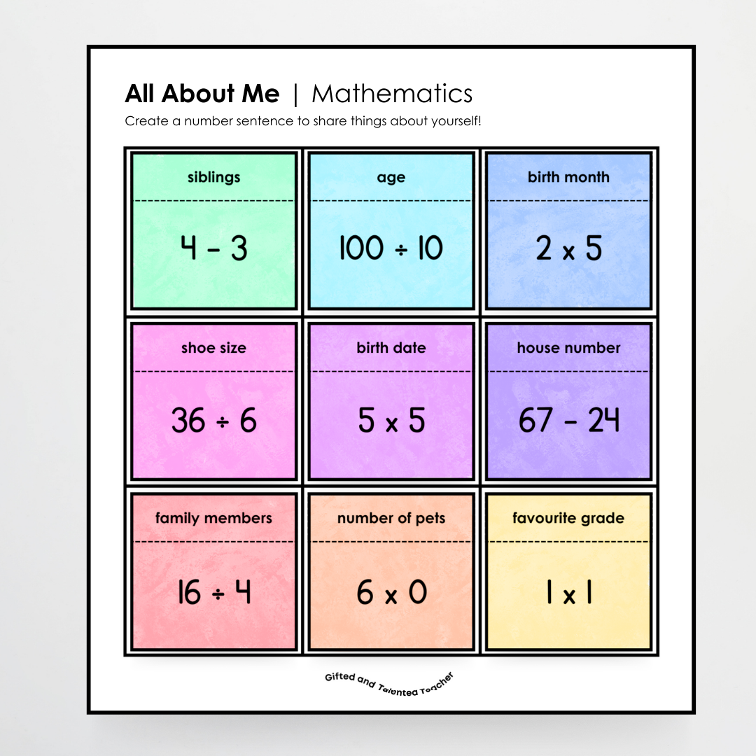 Back to School - All About Me: Mathematics Grid (Upper Grades)