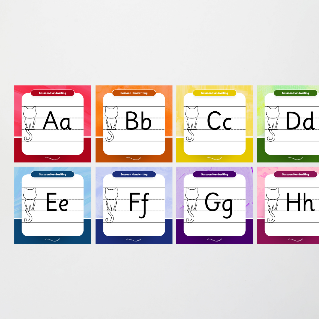 Sassoon Font: Cat Dotted Thirds Lined Handwriting Posters - Rainbow - Teacher Resources & Classroom Decor