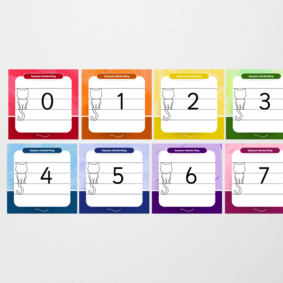 Sassoon Font: Cat Dotted Thirds Lined Handwriting Posters - Rainbow - Teacher Resources & Classroom Decor