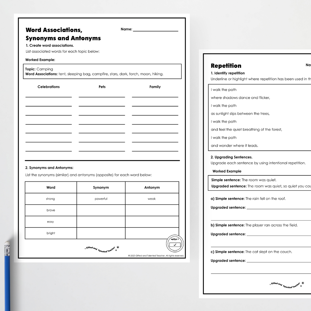 Year 6: Repetition, Synonyms and Antonyms Activity and Teacher Resource