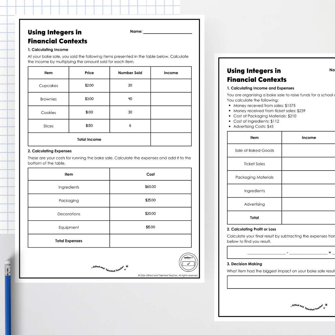 Year 6: Understanding Integers in Financial Contexts Activity and Teacher Resource