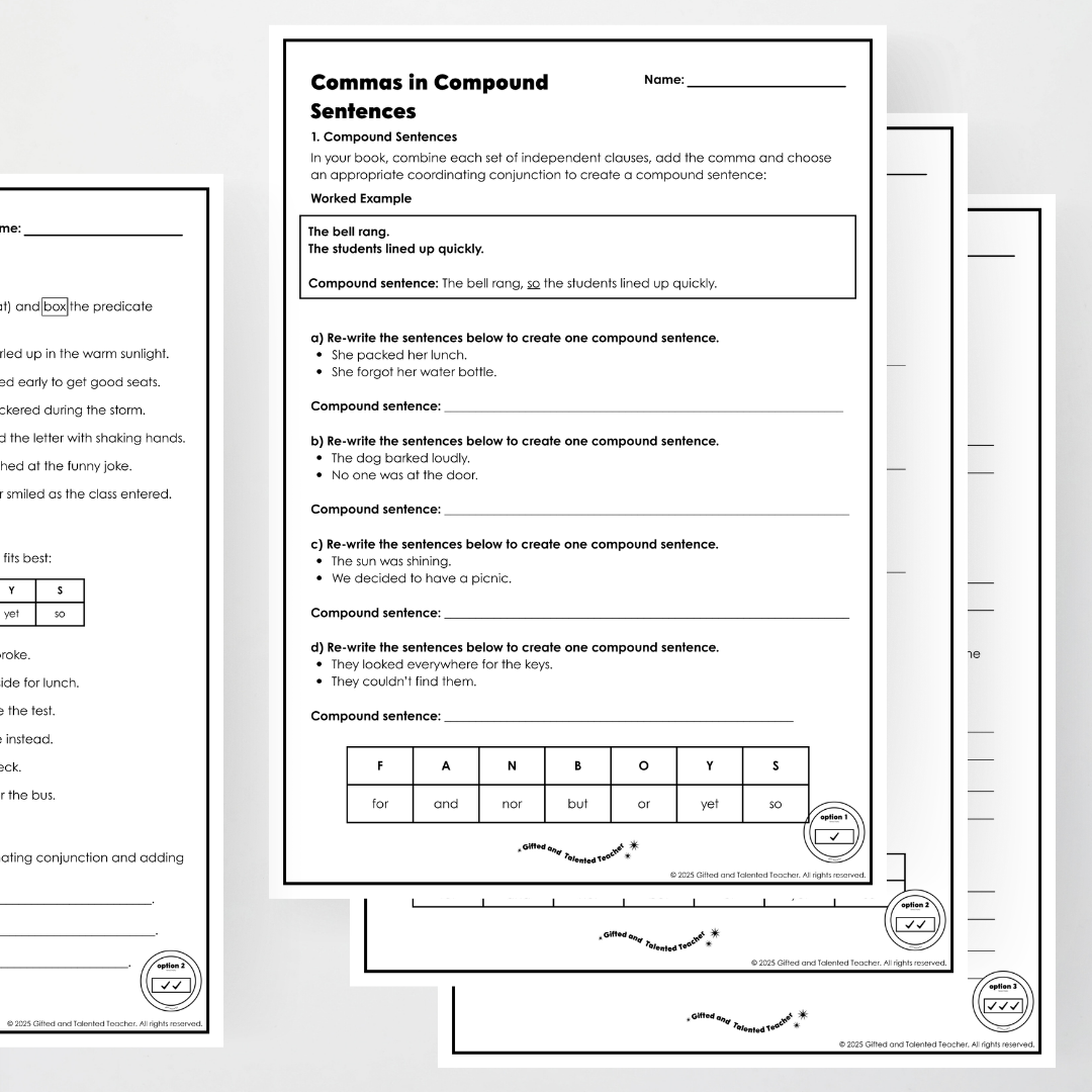 Year 6: Commas in Compound Sentences Activity and Teacher Resource