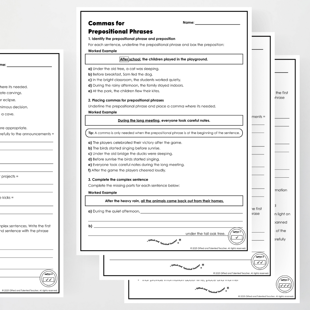 Year 5 Bundle: Commas for Prepositional Phrases - Lesson Plan, Slides and Activities