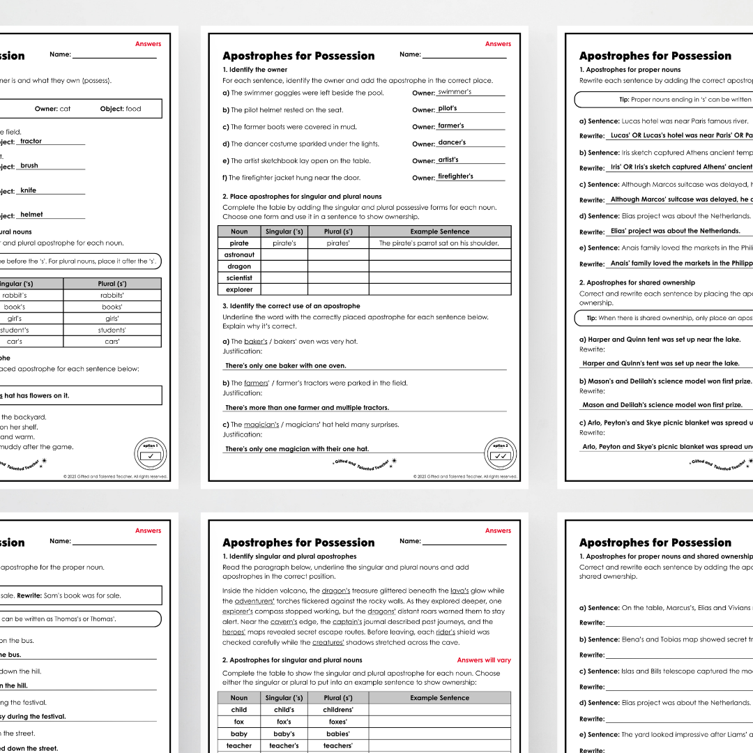 Year 5: Apostrophes for Possession Activity and Teacher Resource