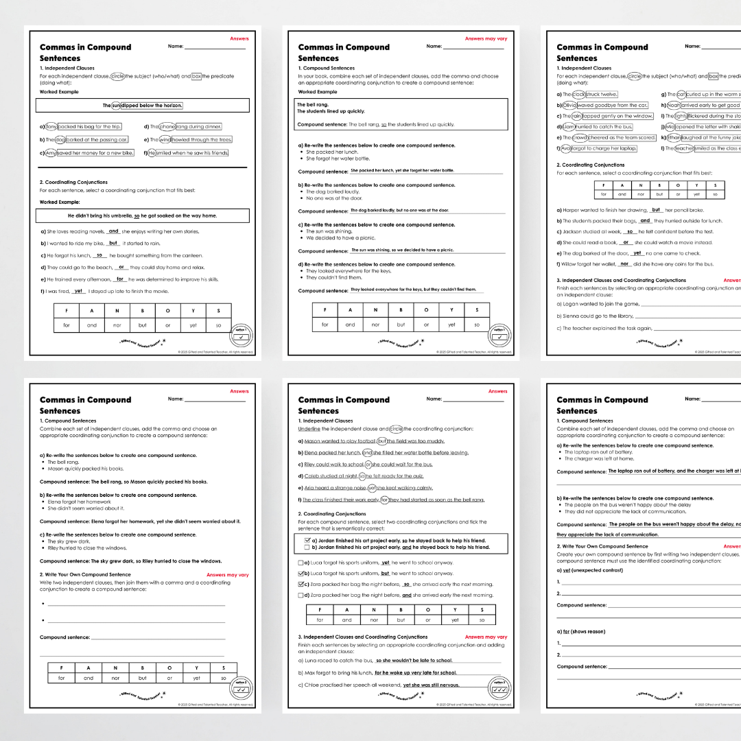 Year 6: Commas in Compound Sentences Activity and Teacher Resource