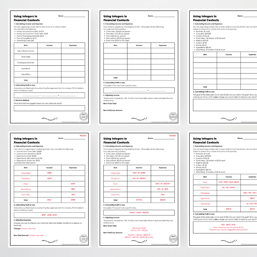 Year 6 Bundle: Using Integers in Real-Life Financial Contexts - Lesson Plan, Slides and Activities