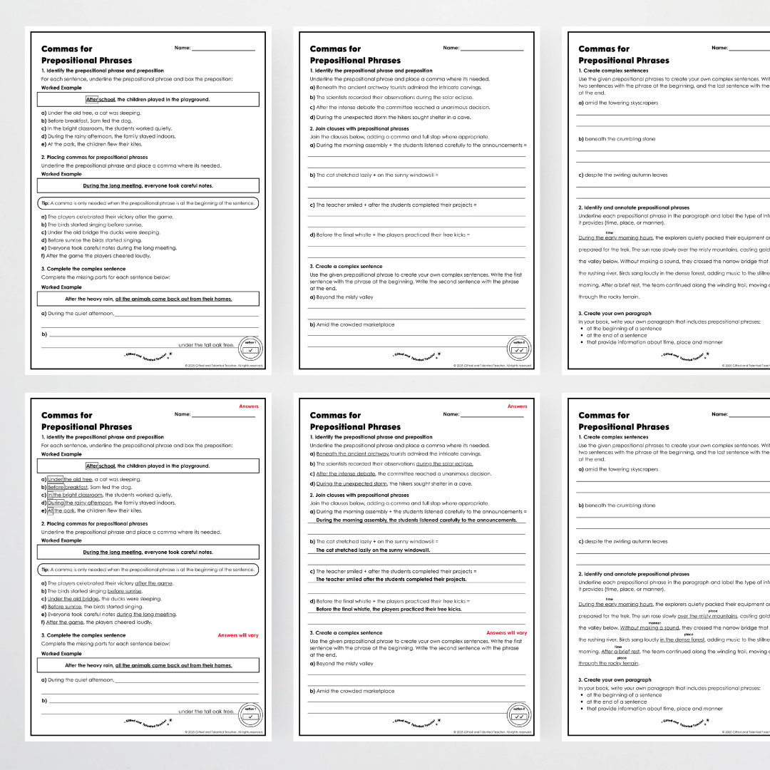 Year 5 Bundle: Commas for Prepositional Phrases - Lesson Plan, Slides and Activities