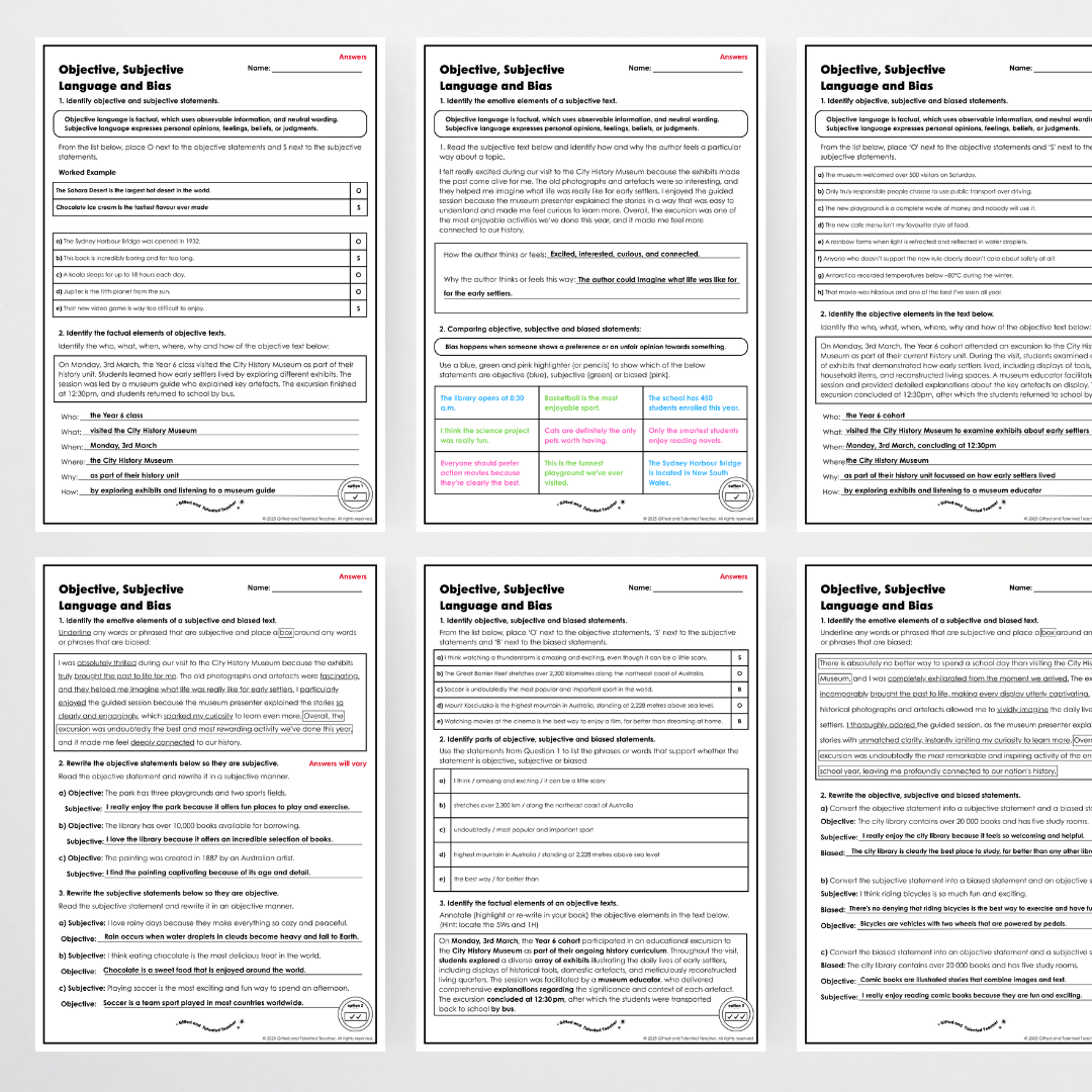 Year 6: Objective, Subjective and Bias Language Activity and Teacher Resource