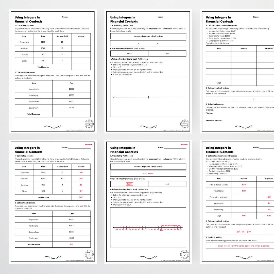 Year 6: Understanding Integers in Financial Contexts Activity and Teacher Resource