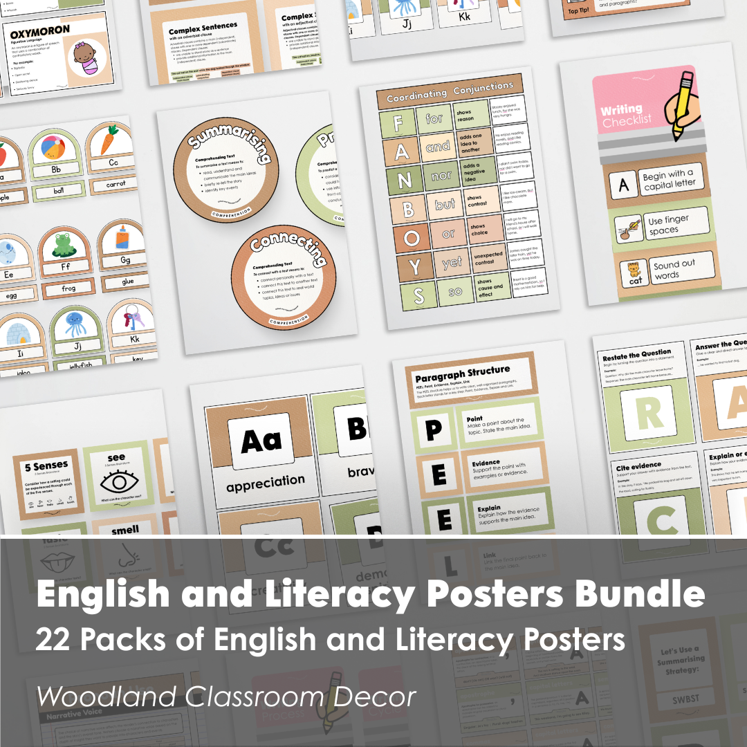 English and Literacy Posters Bundle - Woodland Classroom Decor