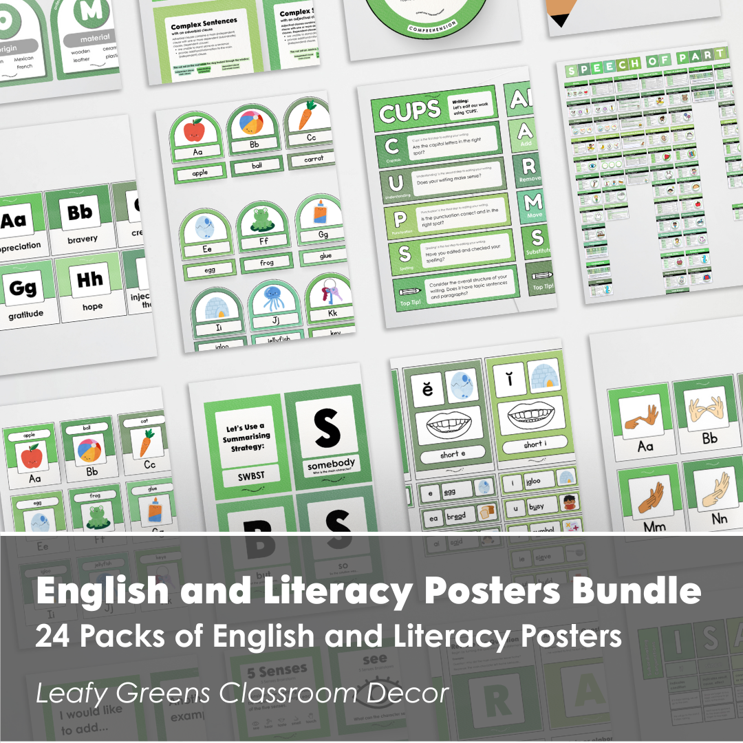 English and Literacy Posters Bundle - Leafy Greens Classroom Decor