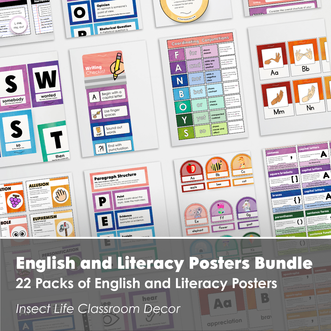 English and Literacy Posters Bundle - Insect Life Classroom Decor