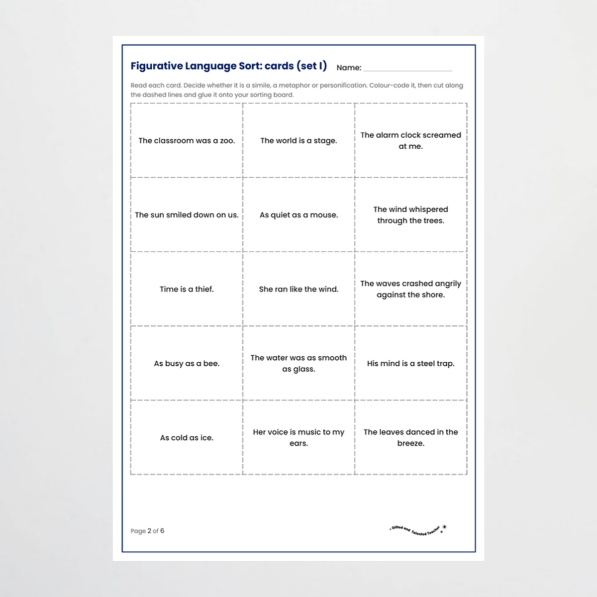 Figurative Language Sort: sorting board