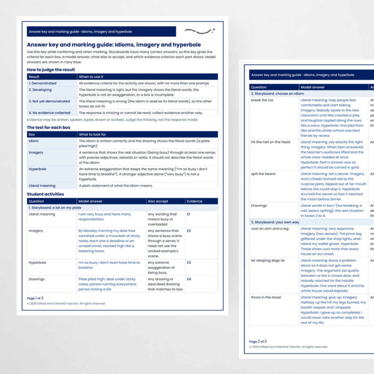 Answer key and marking guide pages