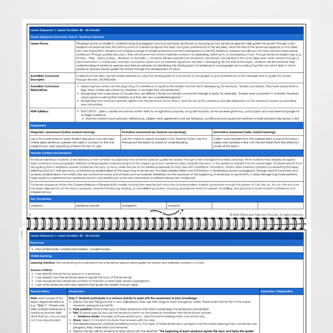 Year 5 Bundle: Sentence Openers - Lesson Plan, Slides and Activities