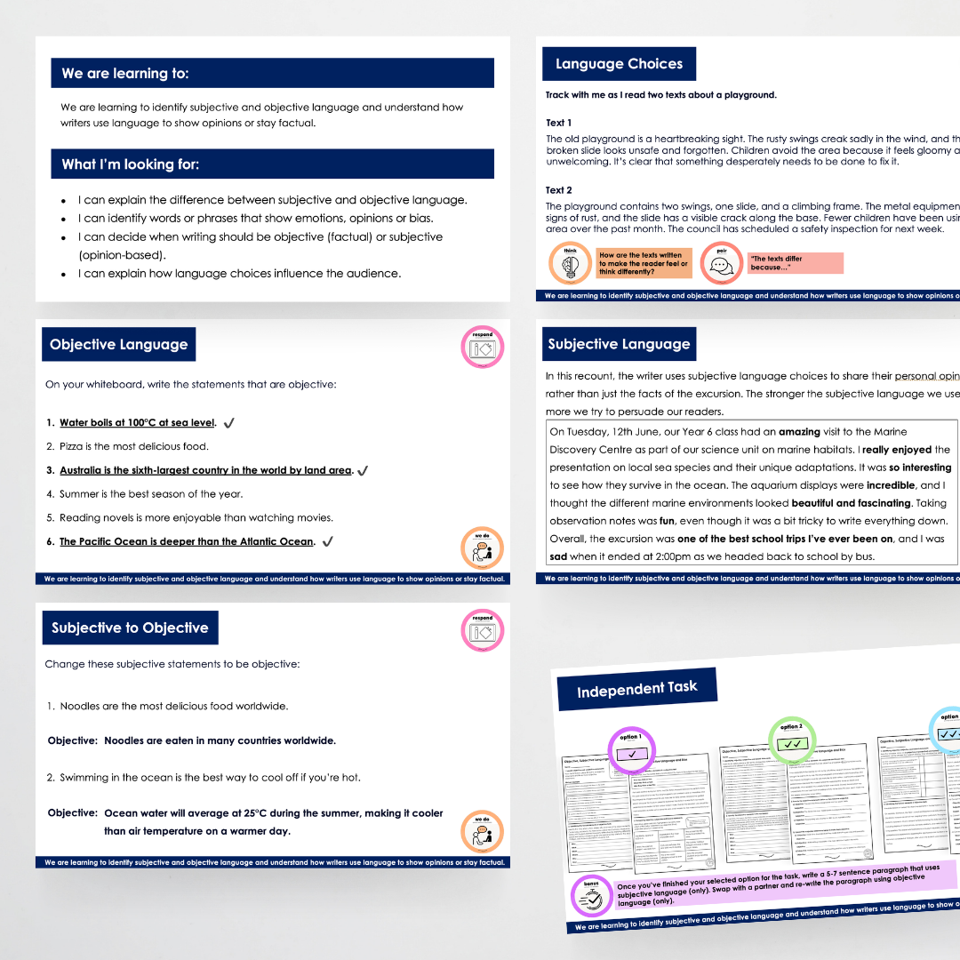 Year 6: Objective, Subjective and Bias Language Teacher Slides - Teacher Resources & Classroom Decor