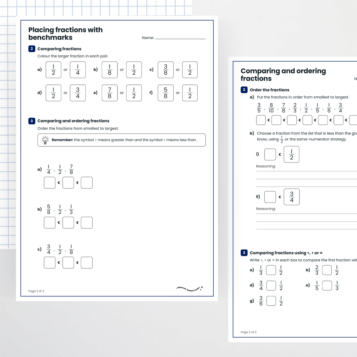Student activities: placing fractions with benchmarks and comparing and ordering fractions, question pages