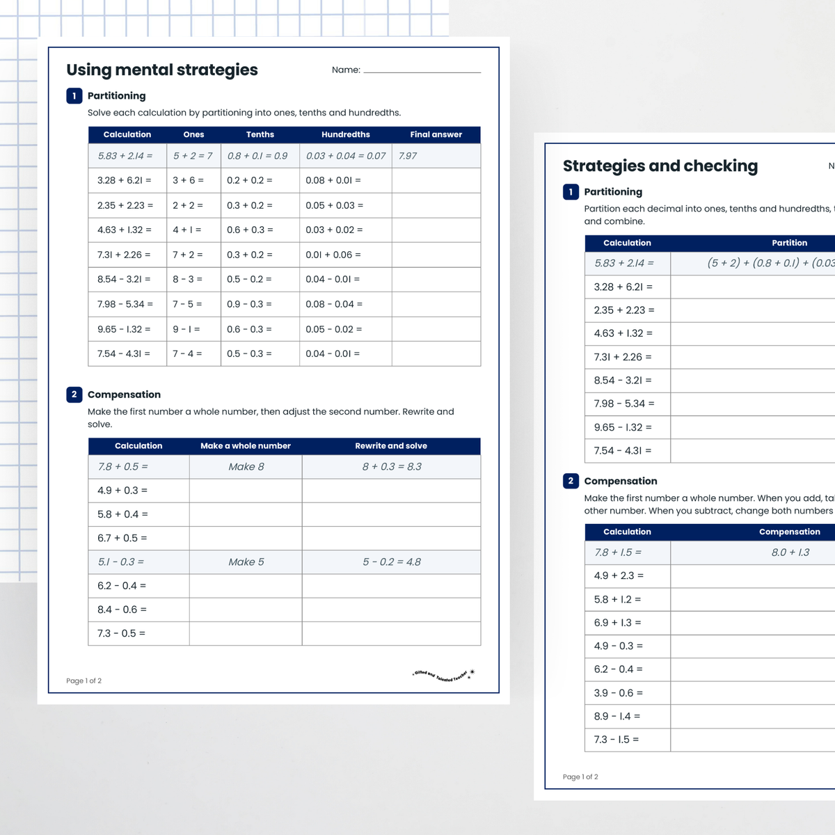 Student activities: question pages – Decimal Addition and Subtraction Strategies