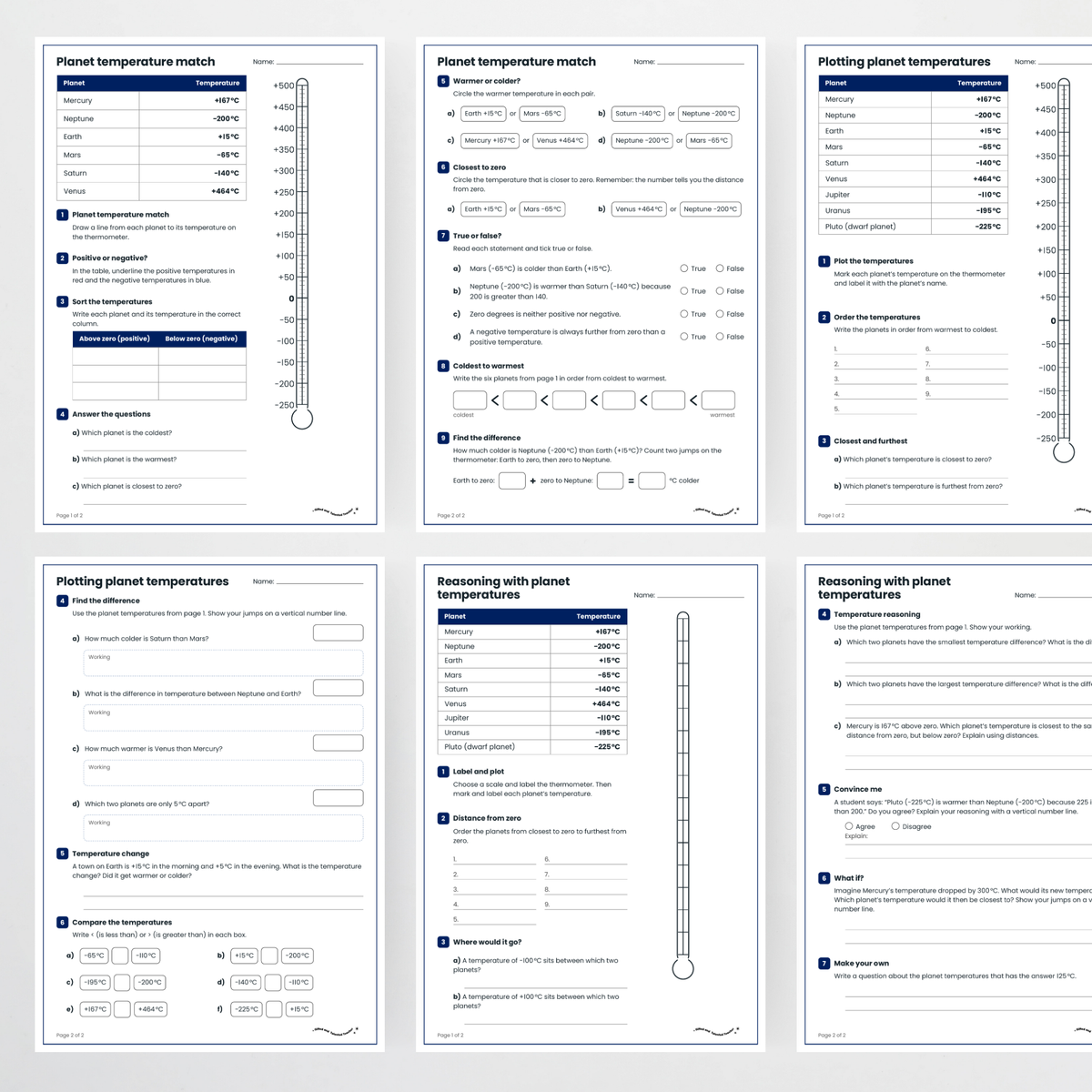Student activity pages – Integers Through Planet Temperatures