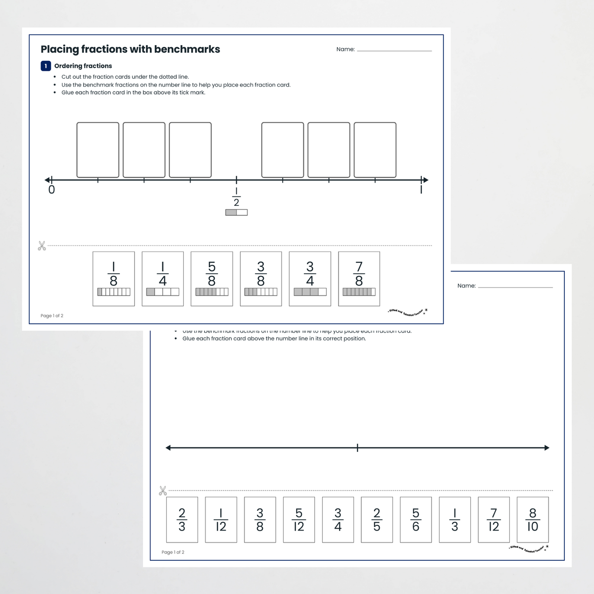 Student activities: number lines with fraction cards to cut out
