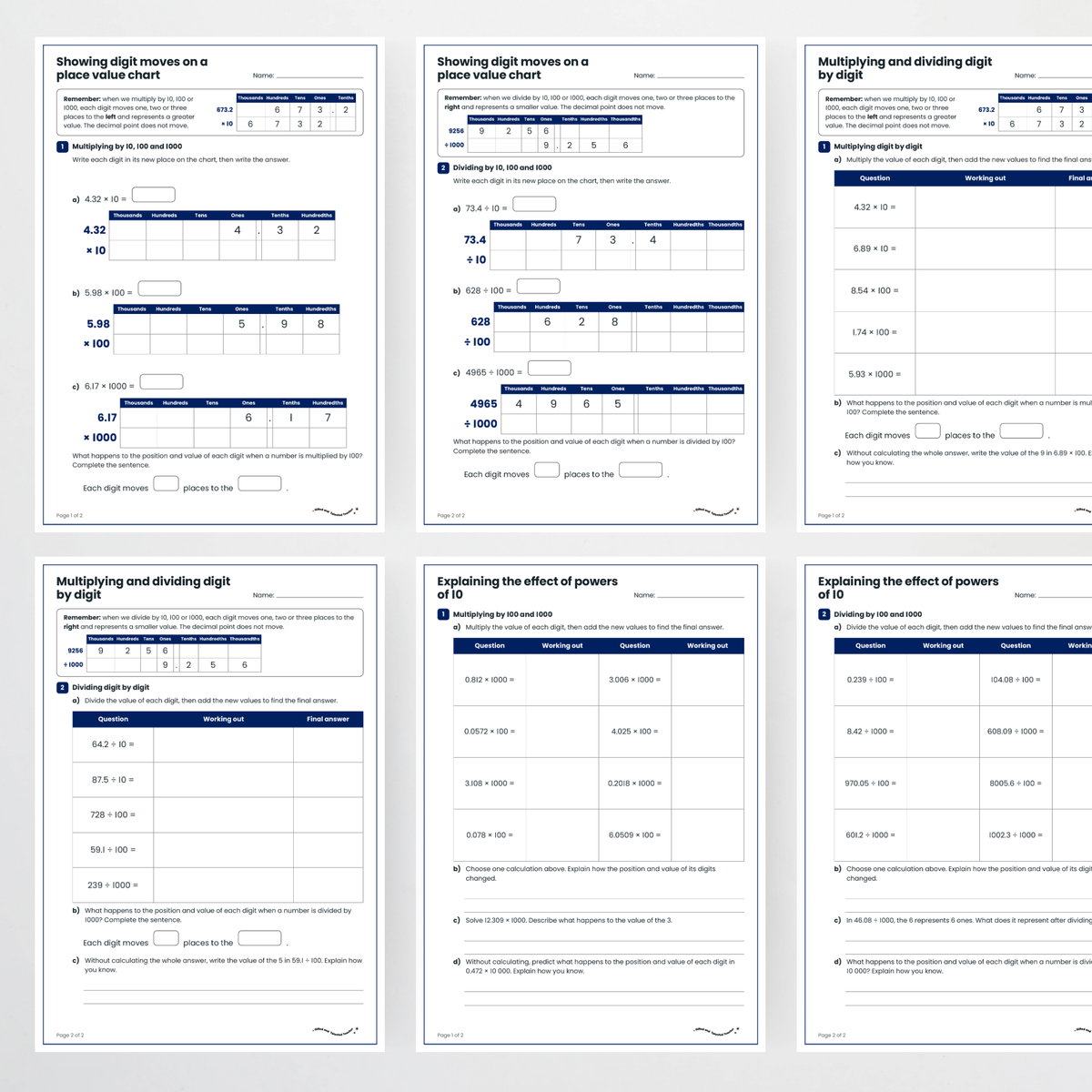Student activity pages – Effect of Multiplying and Dividing Decimals by 10, 100 and 1000