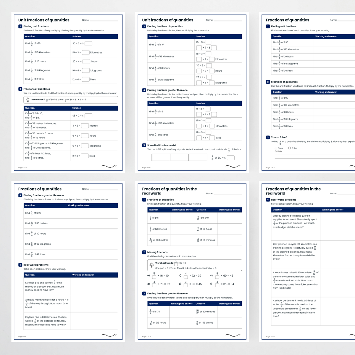 Student activity pages – Finding Fractions of Quantities