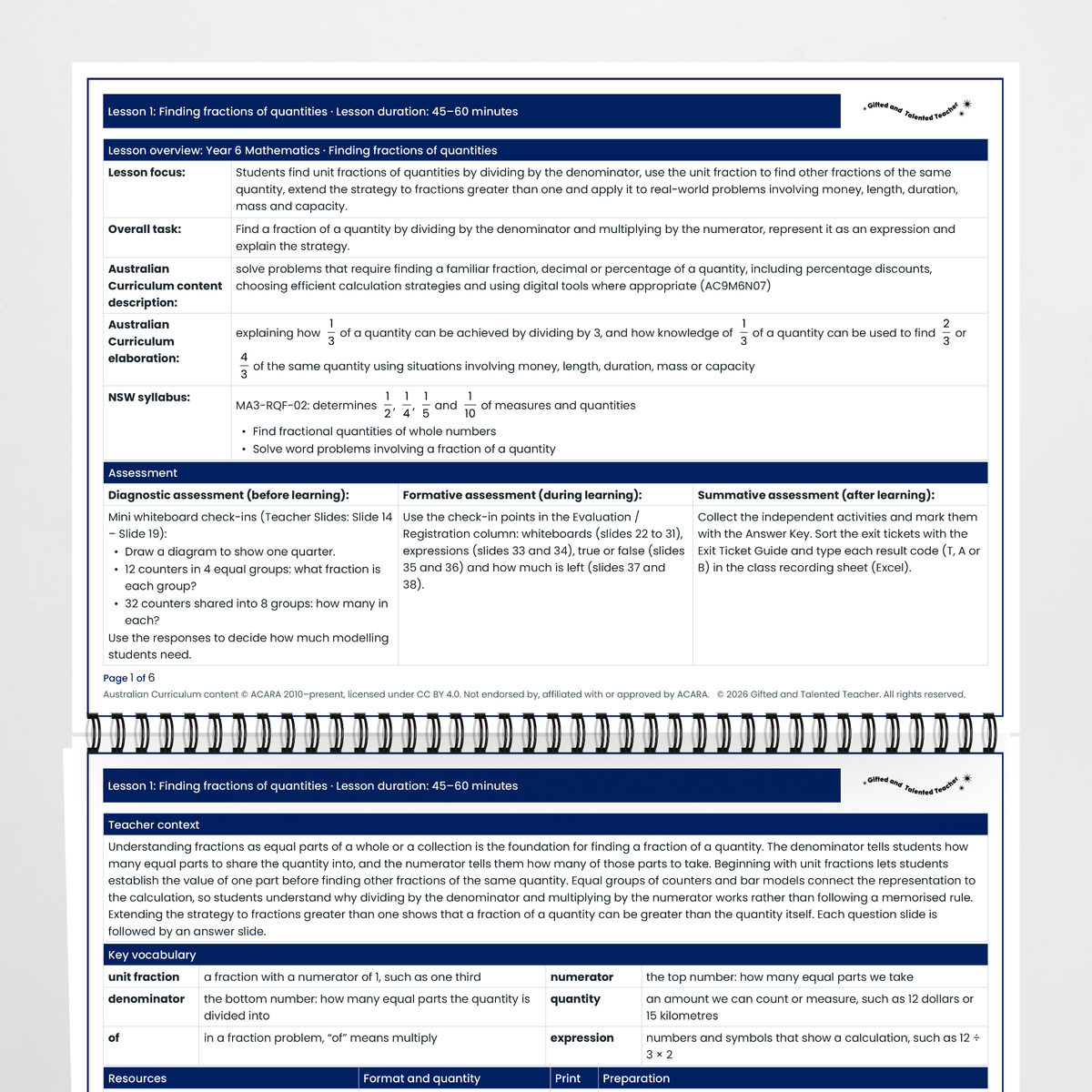 Lesson plan pages – Finding Fractions of Quantities