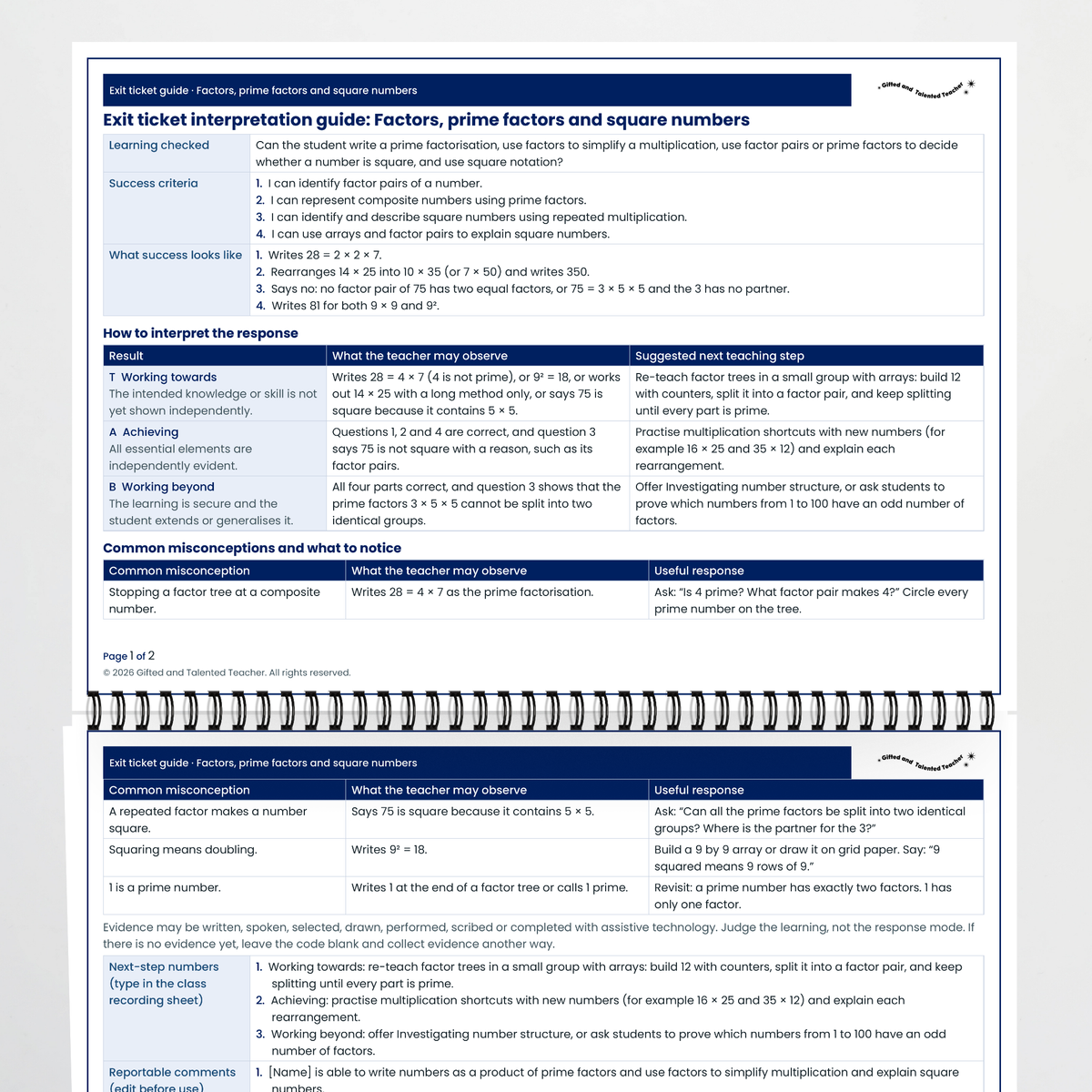 Lesson plan pages – Factors, Prime Factors and Square Numbers