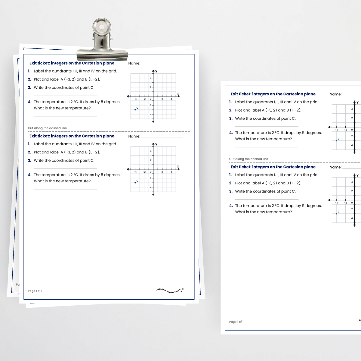 Exit ticket, two per page – Understanding Integers on the Cartesian Plane